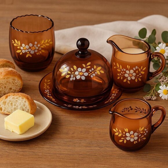Other - Vintage Amber Glass Serving Set – Hand-Painted Floral Butter Dish, Creamer & Cup